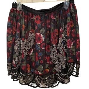 River Island Mini Skirt Size 12 Black Floral Beaded Netting Overlay